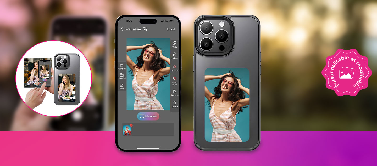 Nouveauté Suisse - Coque de téléphone révolutionnaire avec écran pour afficher les photos de votre choix